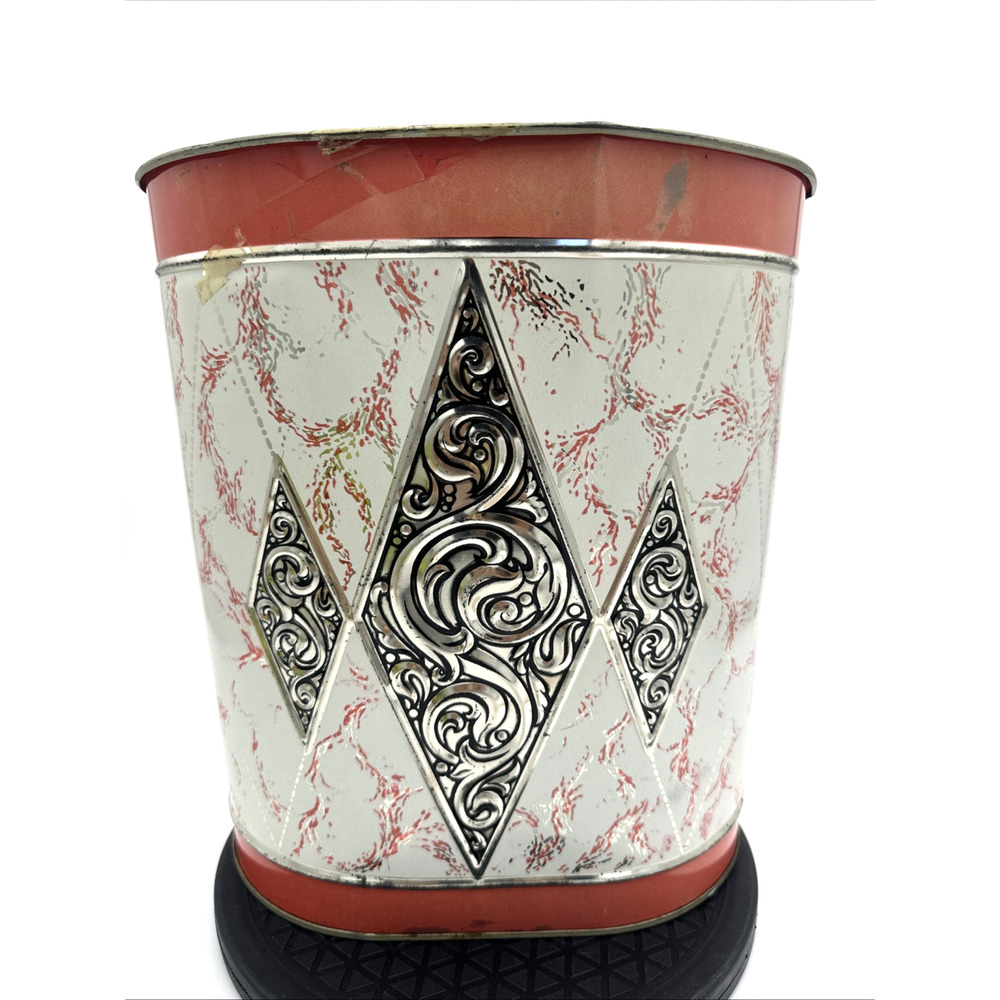 Vintage MCM CHEINCO Pink Silver Diamond Decor Trash Can RARE Style